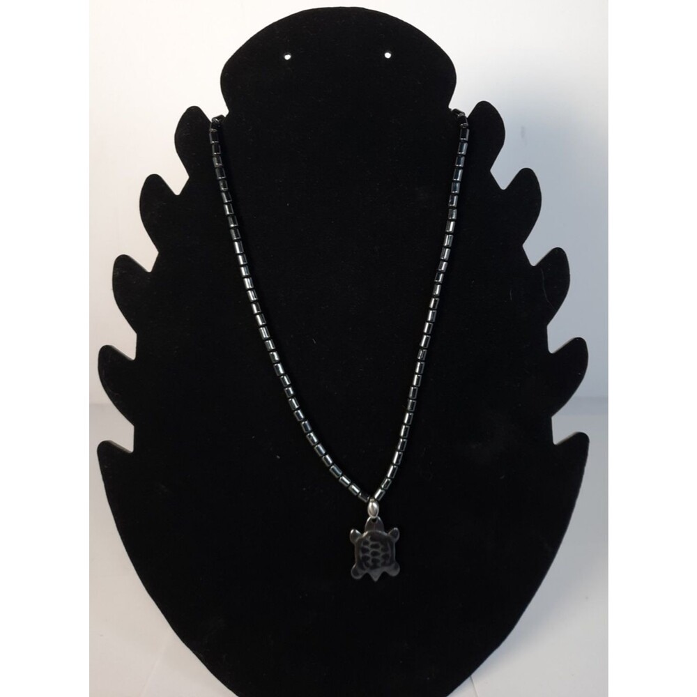 Black Hematite Beaded Necklace Turtle Charm Pendant Black Bead